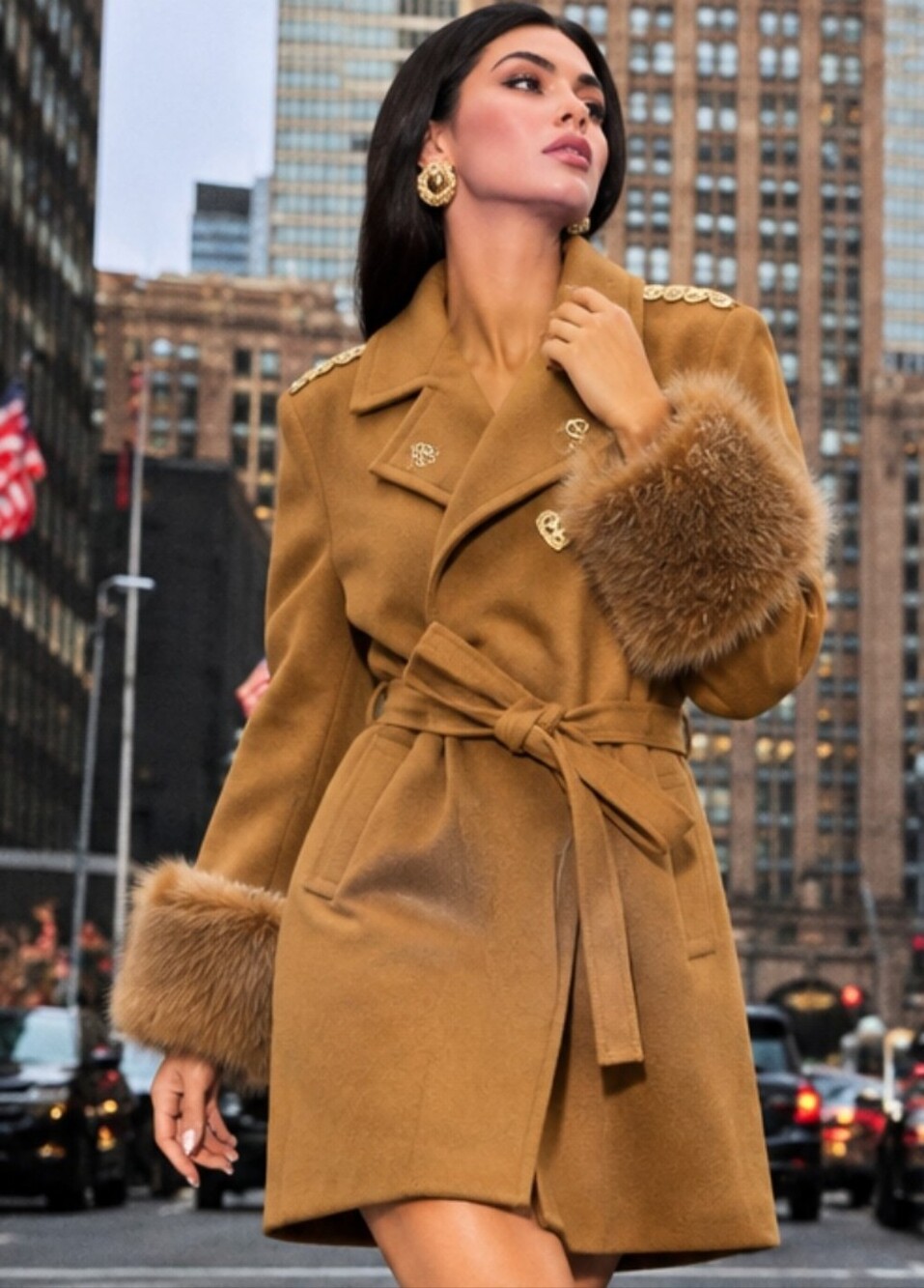 Oleg Cassini Camel Brown Embroidered & Fur Trench Wrap Coat